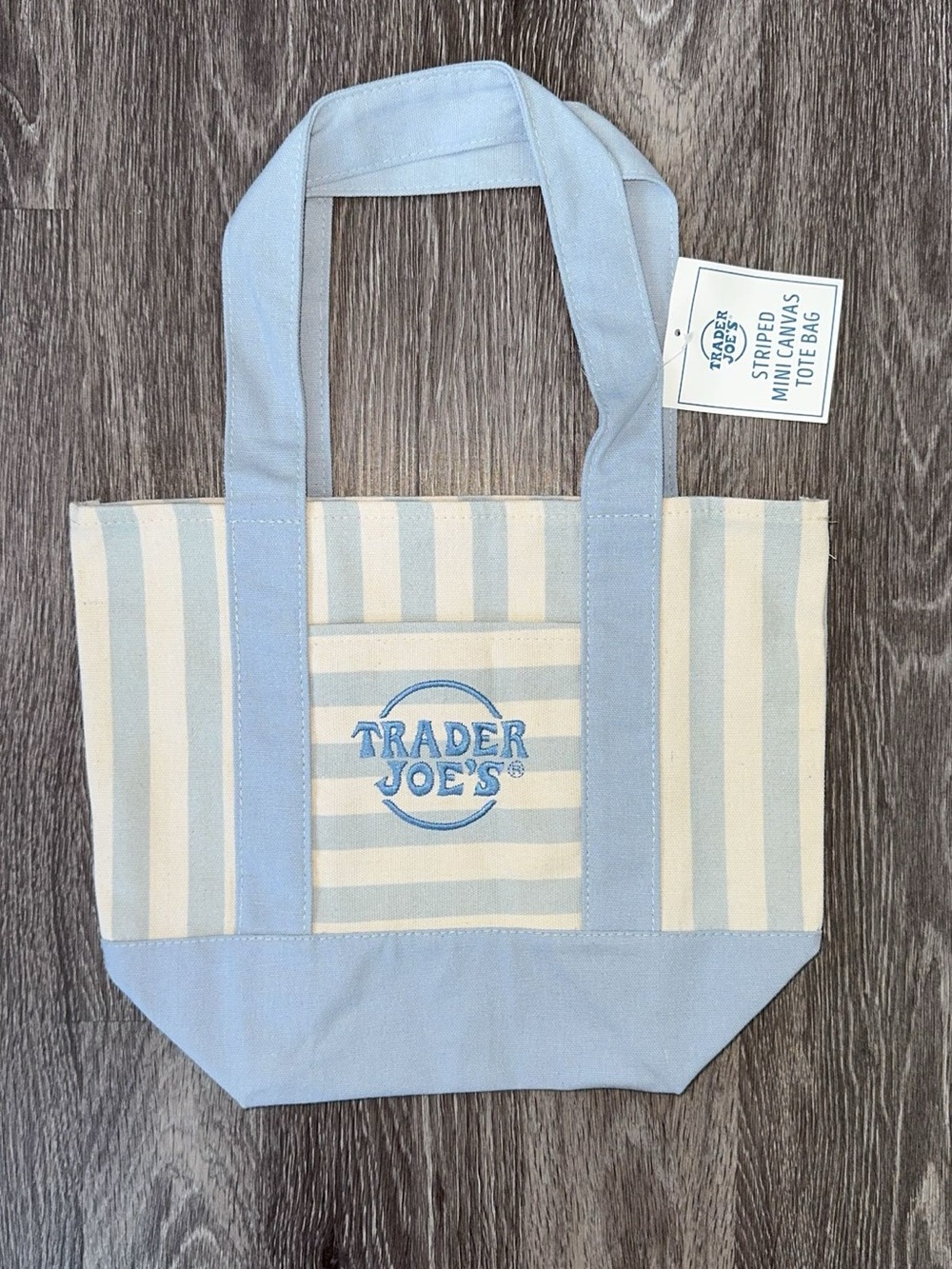 trader joe's light blue striped canvas tote